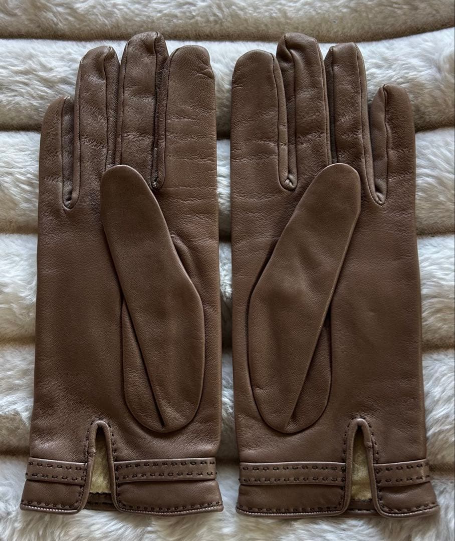 美品★エルメス シェーヌダンクルレザーグローブ グレナン 手袋 8 エトゥープ