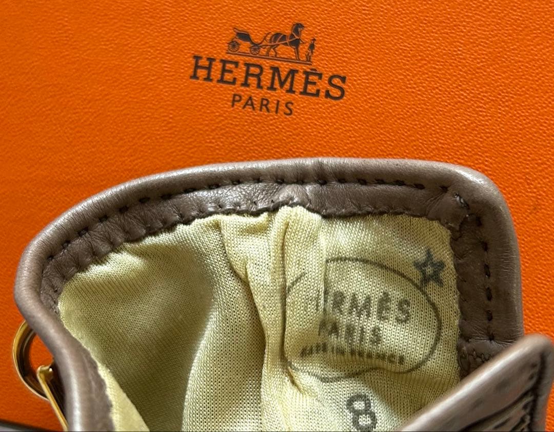 美品★エルメス シェーヌダンクルレザーグローブ グレナン 手袋 8 エトゥープ