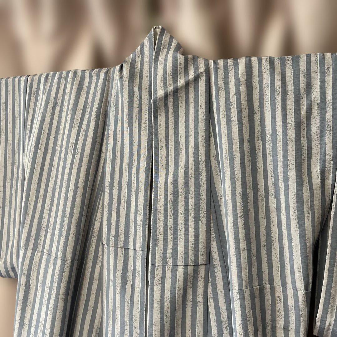 上質シルック　くすみブルー×ピンクストライプ　ポリエステル単衣　小紋