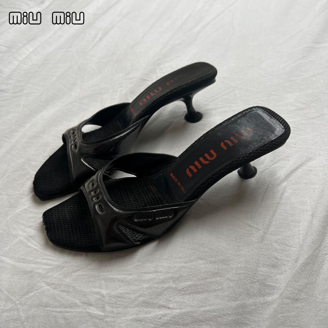 靴 Archive miu miu mesh patent mules black