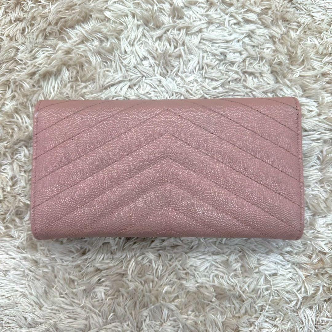 【美品】サンローラン 長財布 フラップ ピンクベージュ キャビアスキン