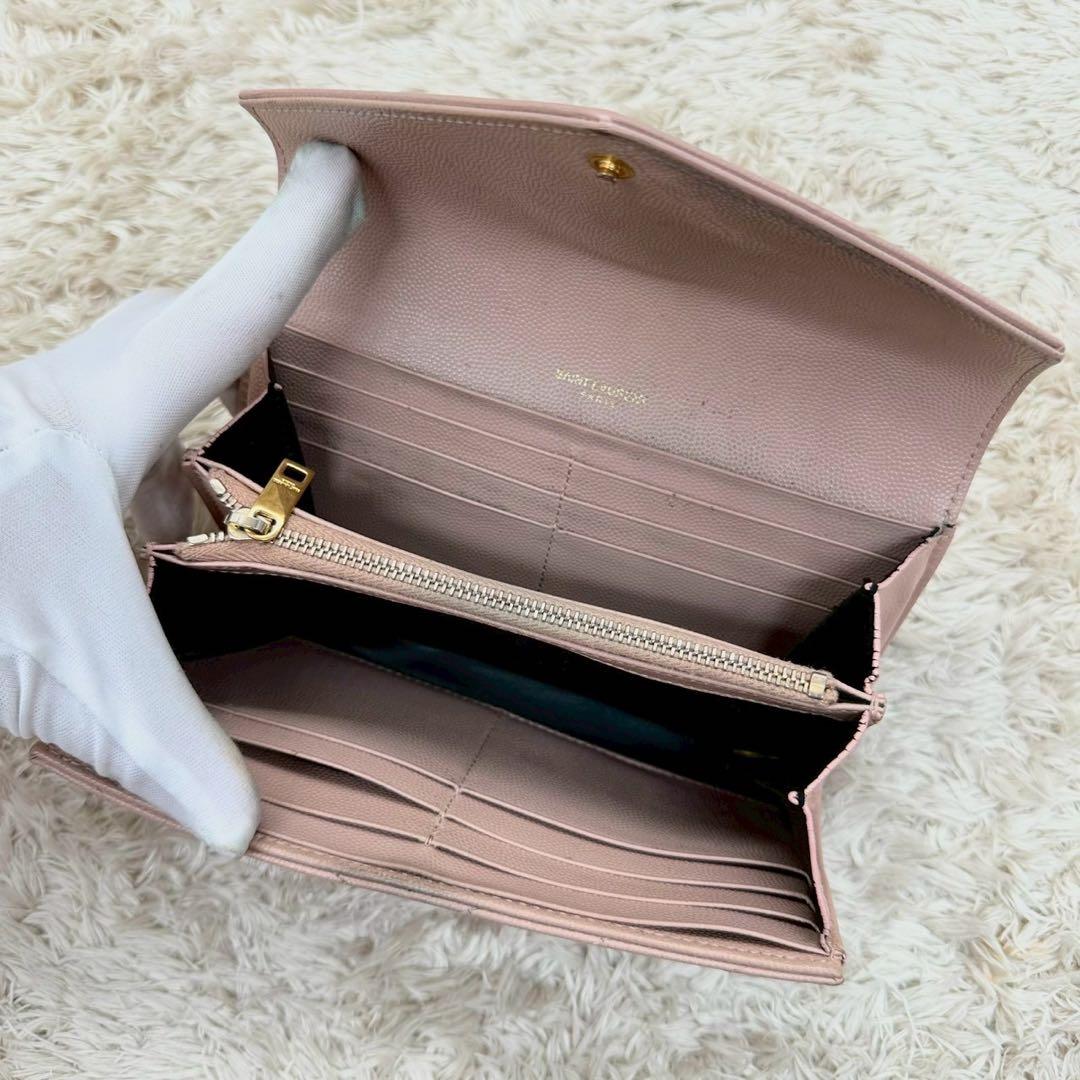 【美品】サンローラン 長財布 フラップ ピンクベージュ キャビアスキン