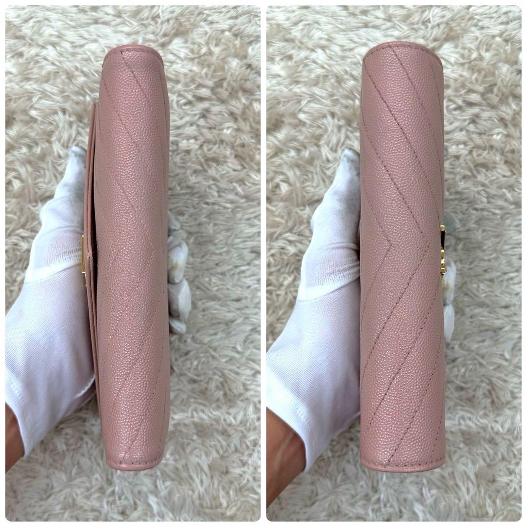 【美品】サンローラン 長財布 フラップ ピンクベージュ キャビアスキン
