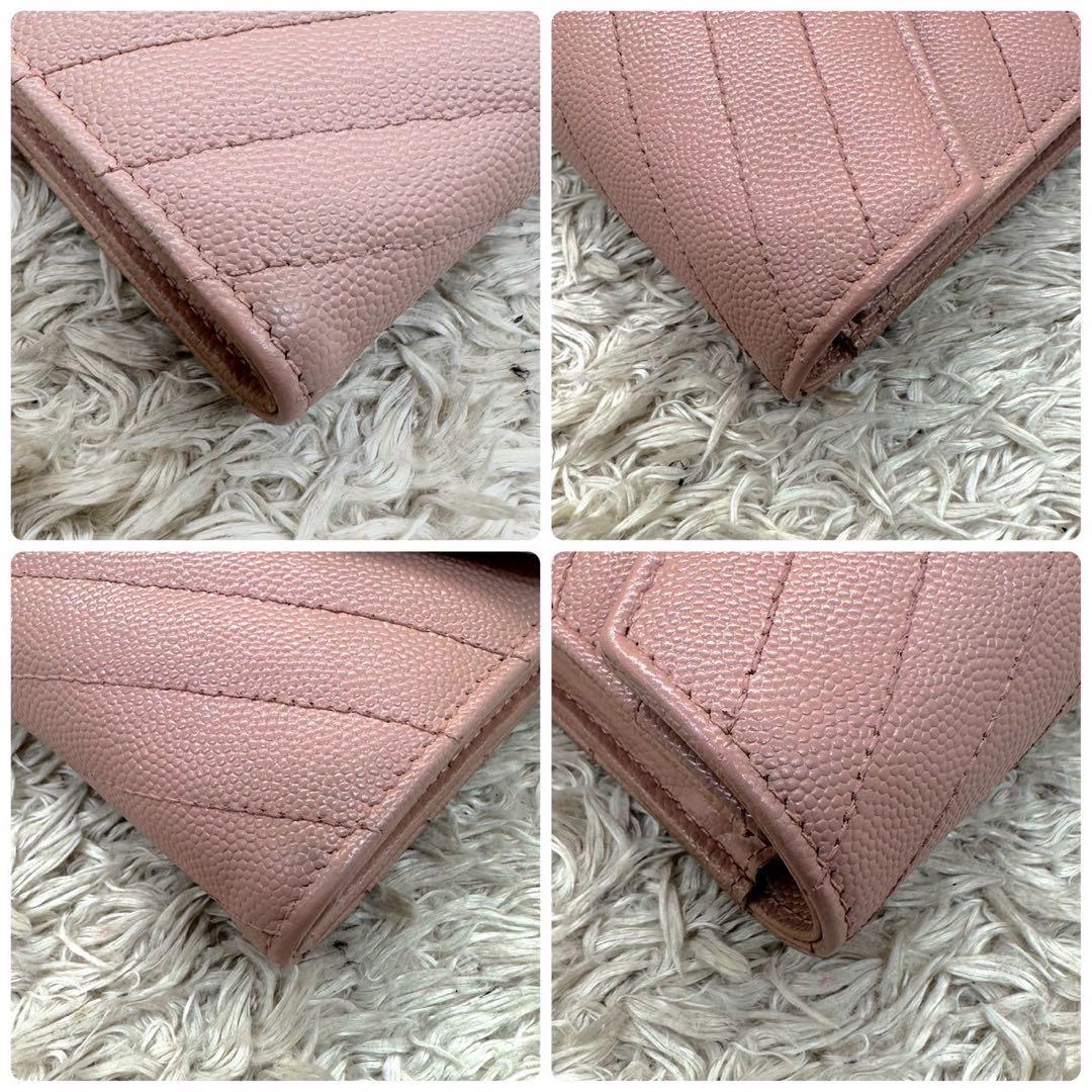 【美品】サンローラン 長財布 フラップ ピンクベージュ キャビアスキン