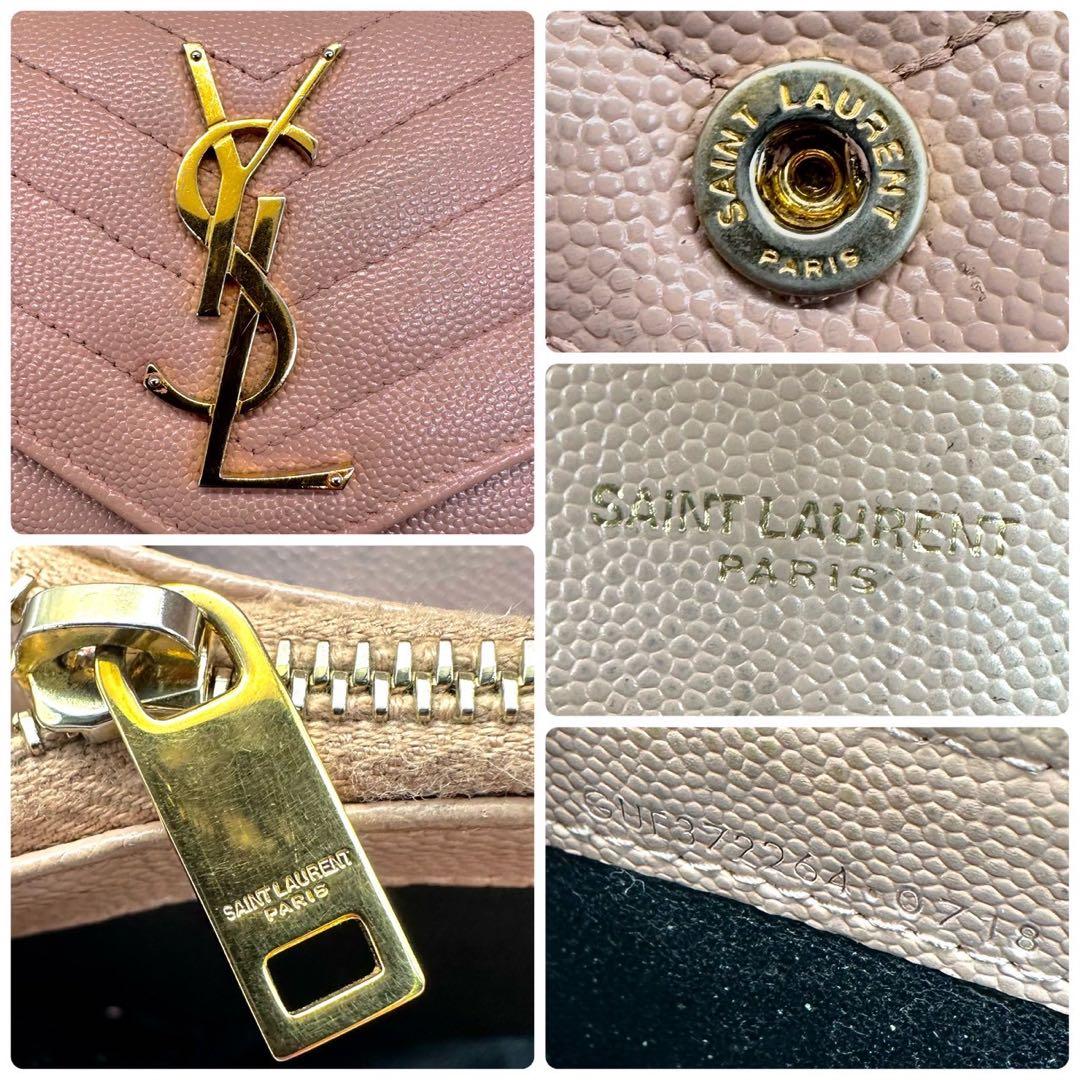 【美品】サンローラン 長財布 フラップ ピンクベージュ キャビアスキン