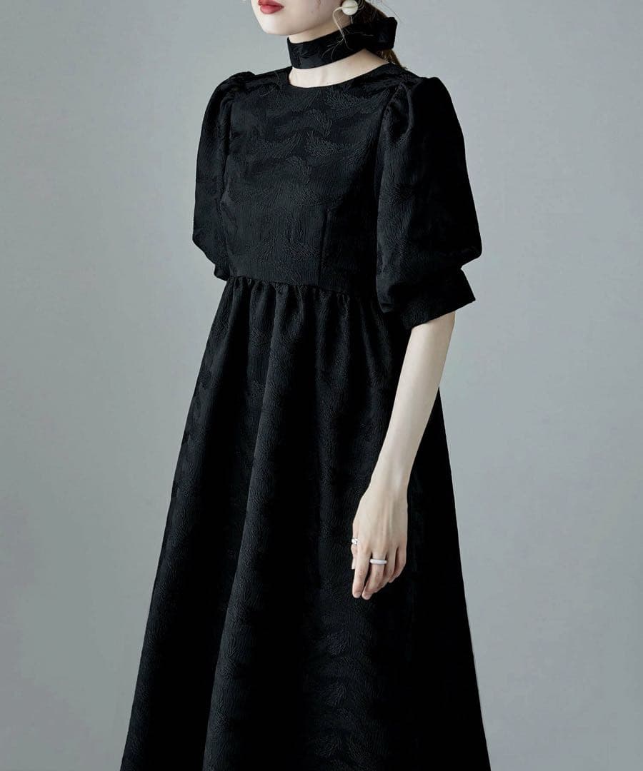 etoll. ジャガードパフスリーブドレス グリーン