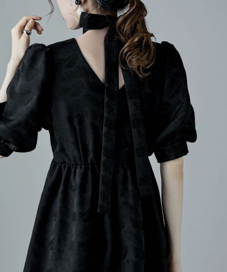 etoll. ジャガードパフスリーブドレス グリーン