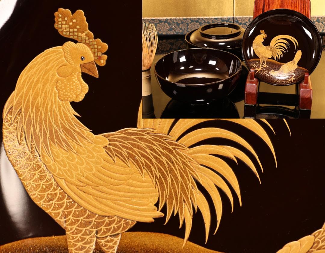 BK415　時代輪島塗　竹鶏図金蒔絵　吸物鶏　二客　木製　茶道具 懐石 会席