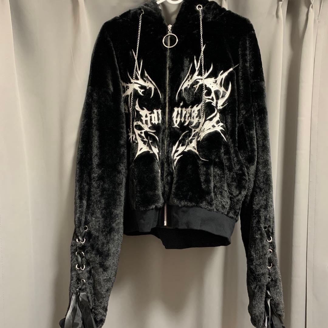 Amilige ネコ耳ハートロゴ刺繍ZIPショートファーコート