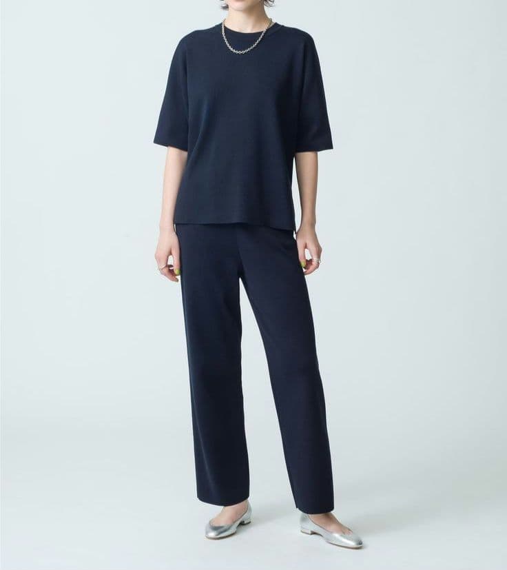 美品 24SS エブール コットンシルク ストレート ニットパンツ ネイビー36