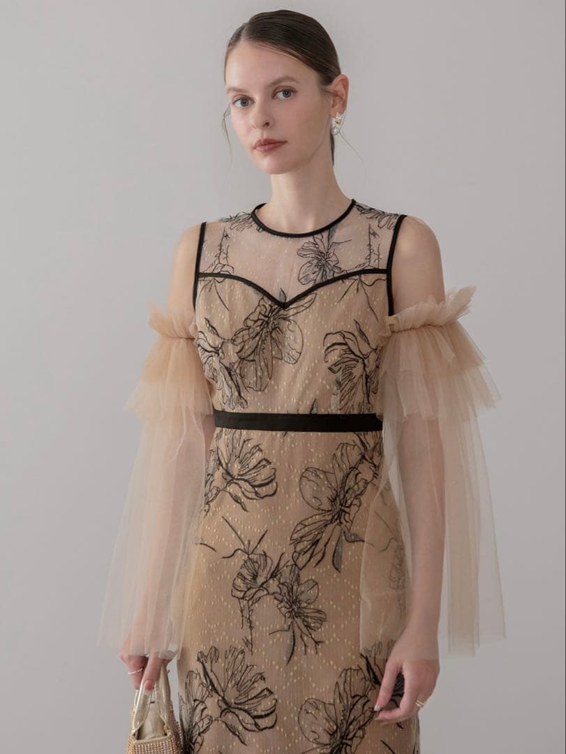 フラワーチュールフリルスリーブIラインワンピースドレス結婚式二次会パーティー