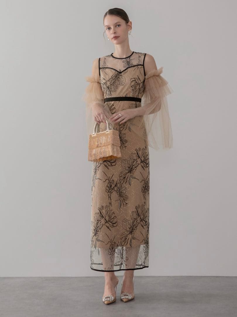 フラワーチュールフリルスリーブIラインワンピースドレス結婚式二次会パーティー