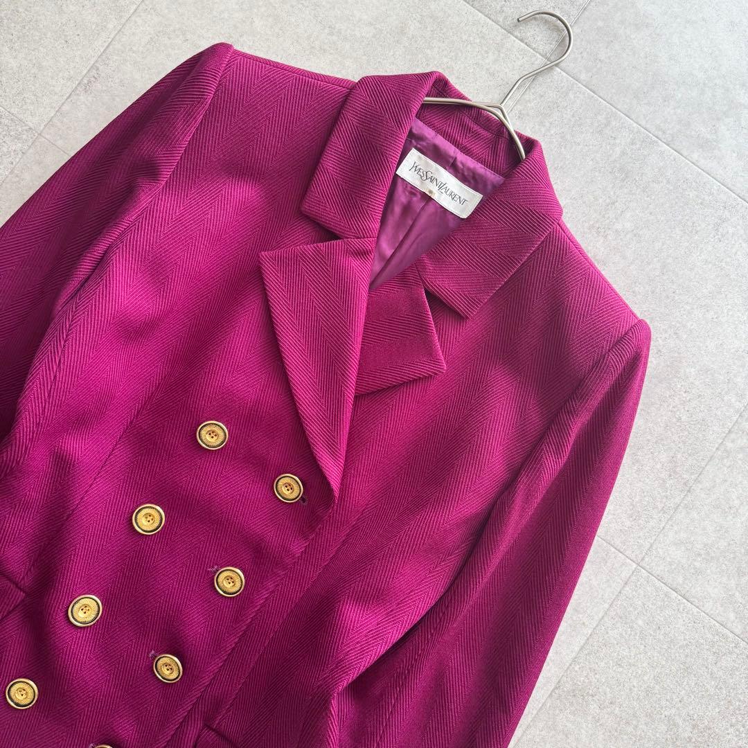 イヴサンローラン　テーラードジャケット　金ボタン　ダブル　紫　36　ヘリンボーン