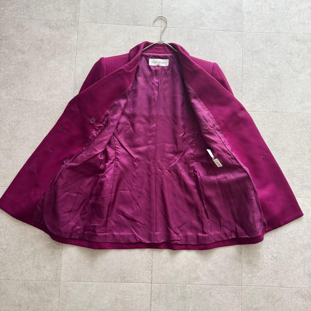 イヴサンローラン　テーラードジャケット　金ボタン　ダブル　紫　36　ヘリンボーン