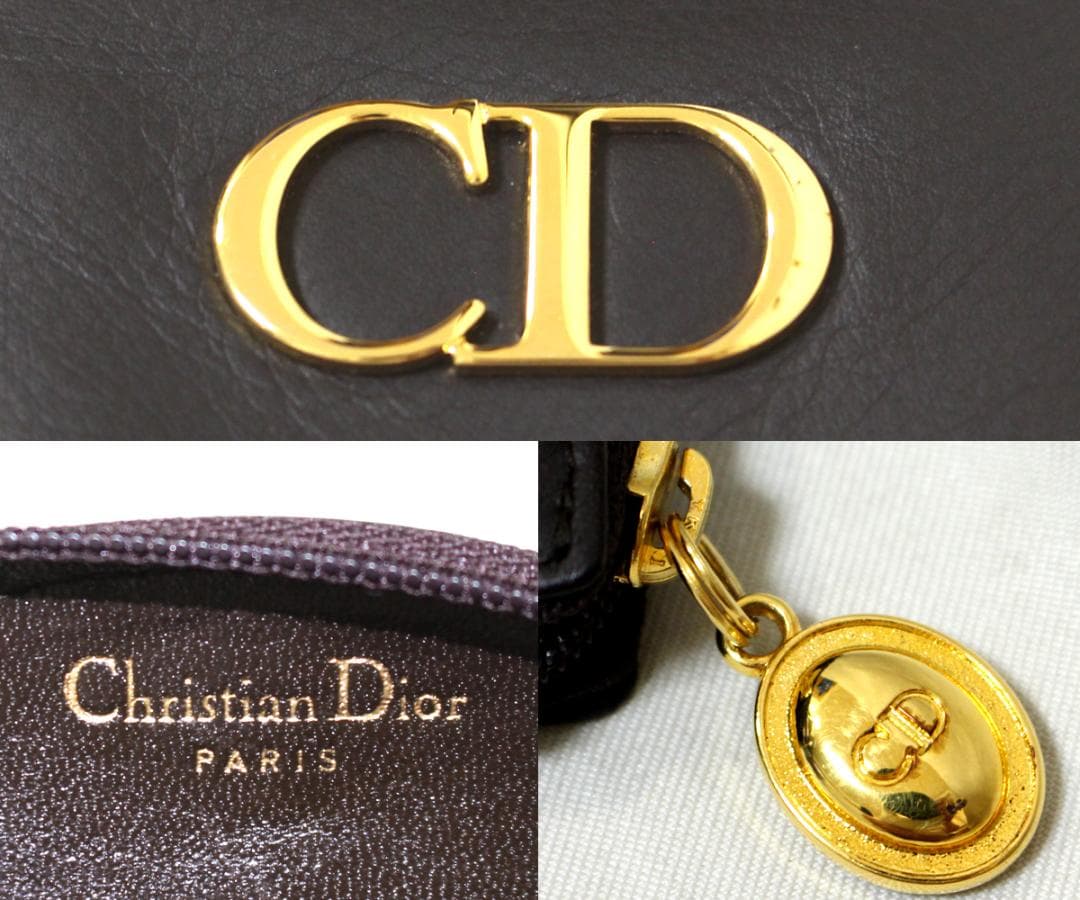 極美品 クリスチャンディオール レザー CDロゴ ケース ゴールド 茶