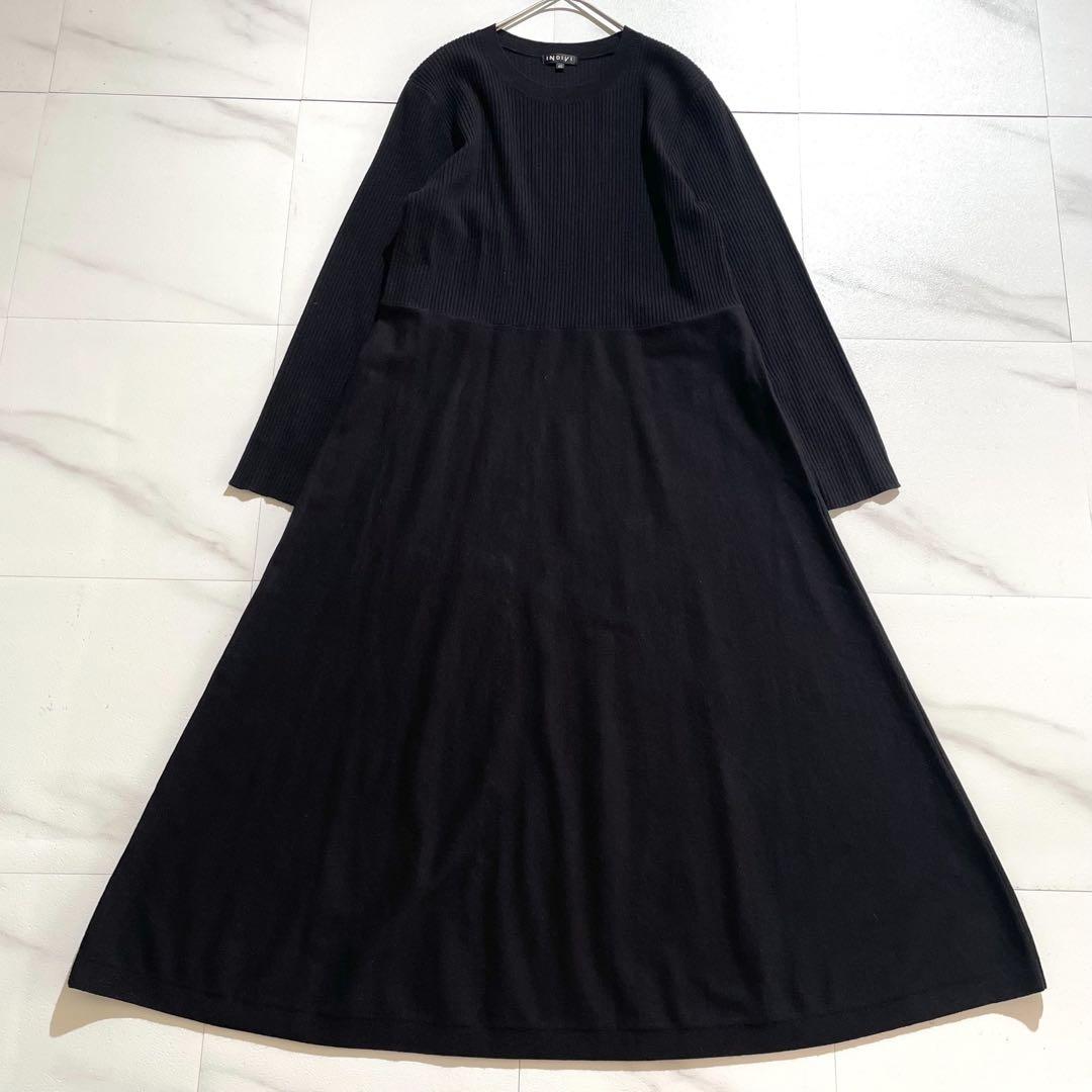 美品 インディヴィ フィット&フレアニットワンピース 40 ブラック 洗える