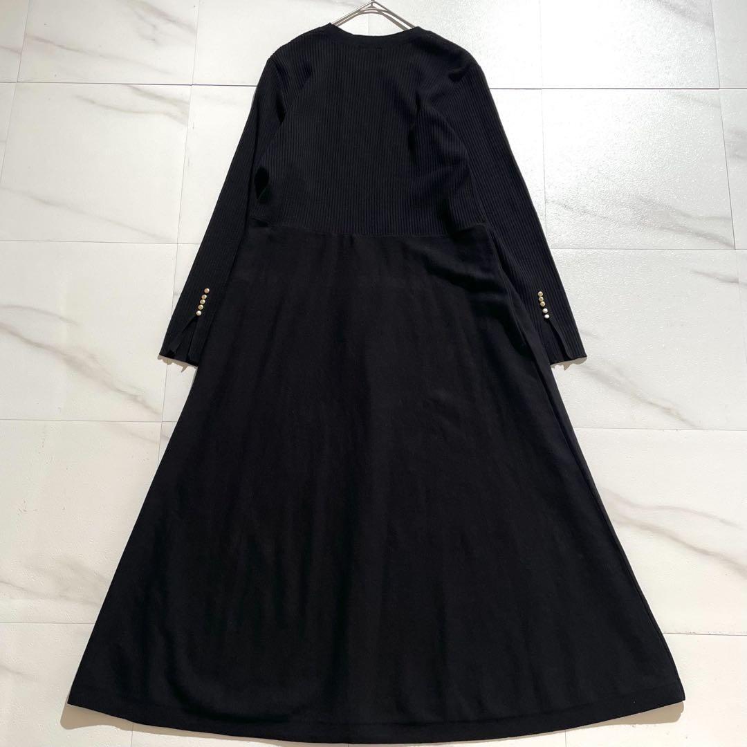 美品 インディヴィ フィット&フレアニットワンピース 40 ブラック 洗える