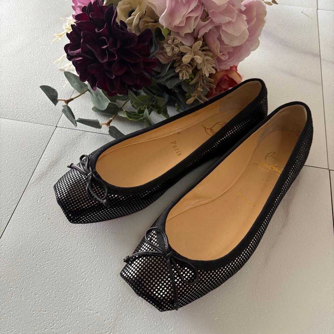 クリスチャンルブタン　リボン付きフラットパンプス　ブラック　36