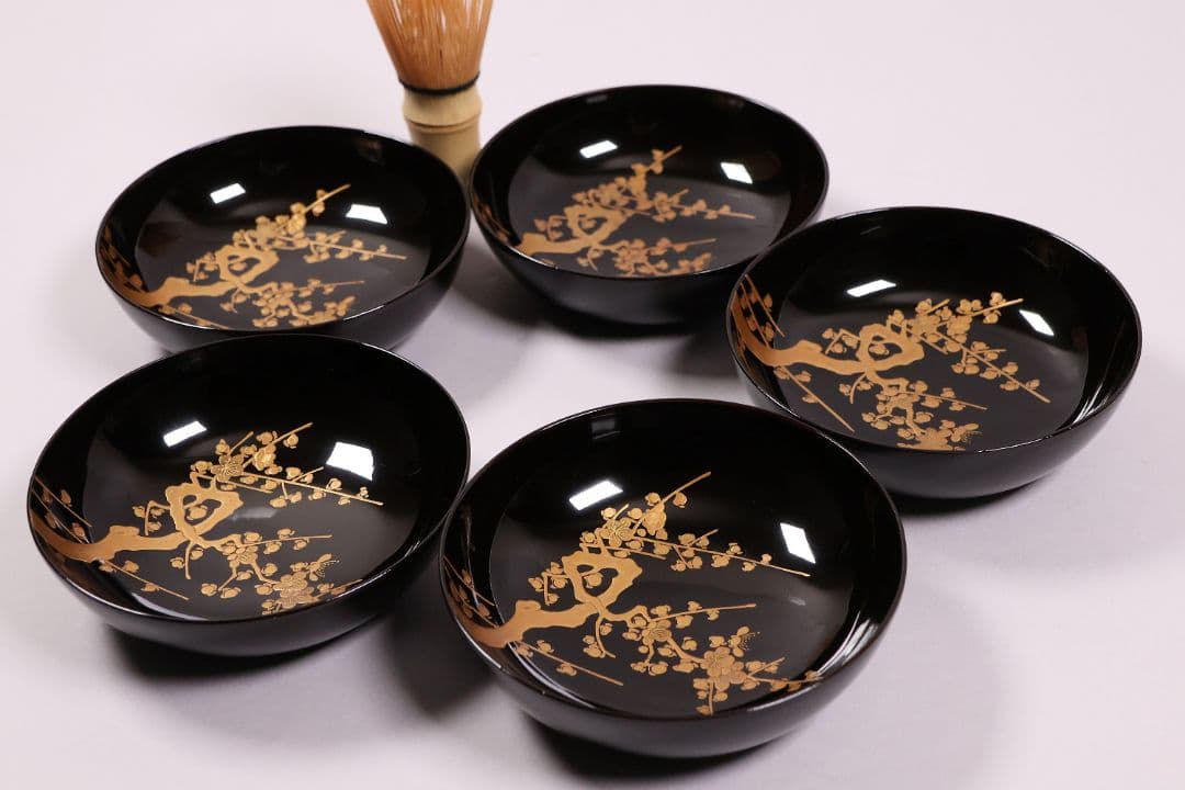 【CM232】古い木皿 五客 梅 金蒔絵 黒塗 小皿 菓子皿 木製漆器 大正昭和