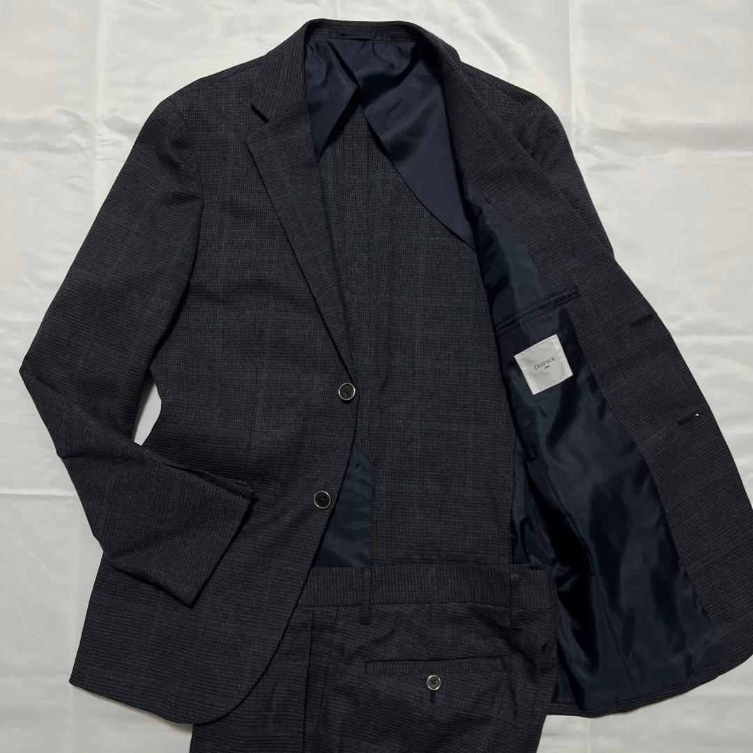 極美品✨EDIFICE 近年モデル スーツ グレー 紺 チェック ストレッチ L