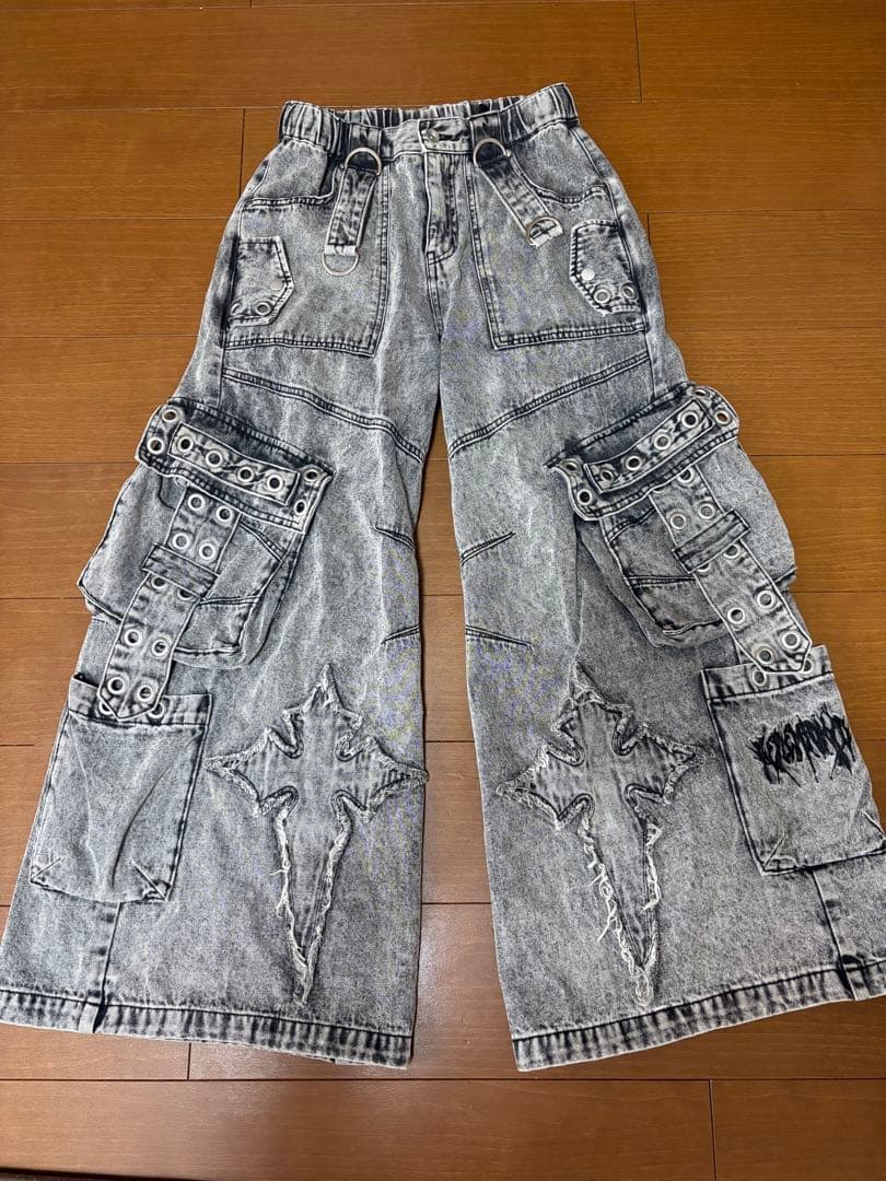 【美品】レフレム　クロスパッチ　ワイド　デニムパンツ　カーゴパンツ　フリーサイズ