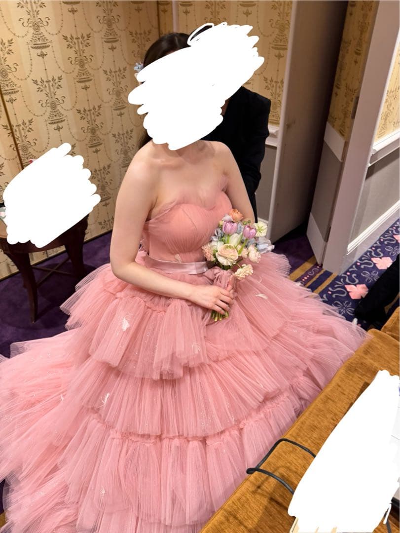 【送料込】ピンク グリッター カラードレス パニエ付 ボリュームチュールドレス