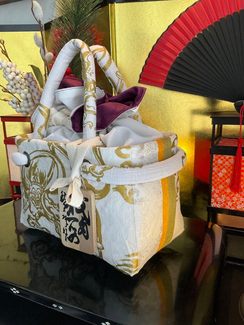 一閑張り　一閑張りバッグ　風神雷神　古文書　和紙　竹籠　籠バッグ　着物　金銀　白