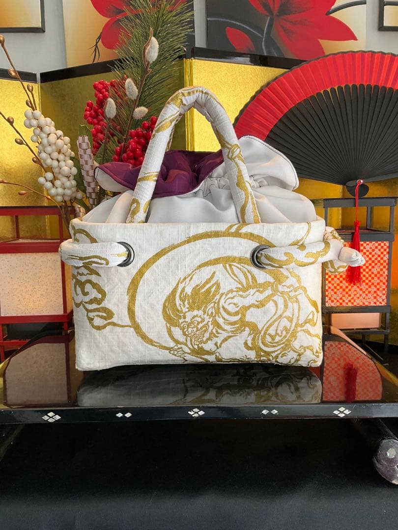 一閑張り　一閑張りバッグ　風神雷神　古文書　和紙　竹籠　籠バッグ　着物　金銀　白