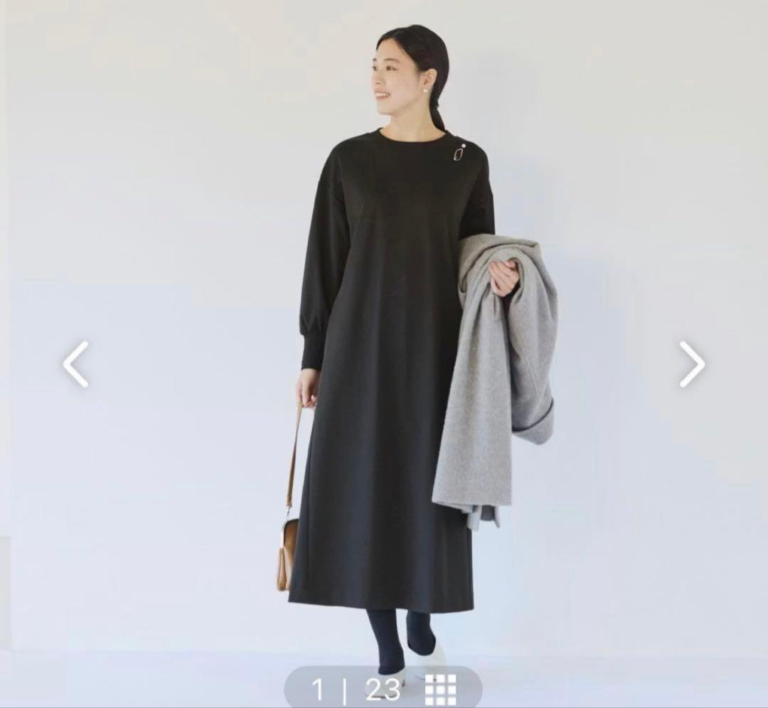 北欧暮らしの道具店「気軽に着られて、きれい見え」　ポンチ素材 ワンピース　黒　M