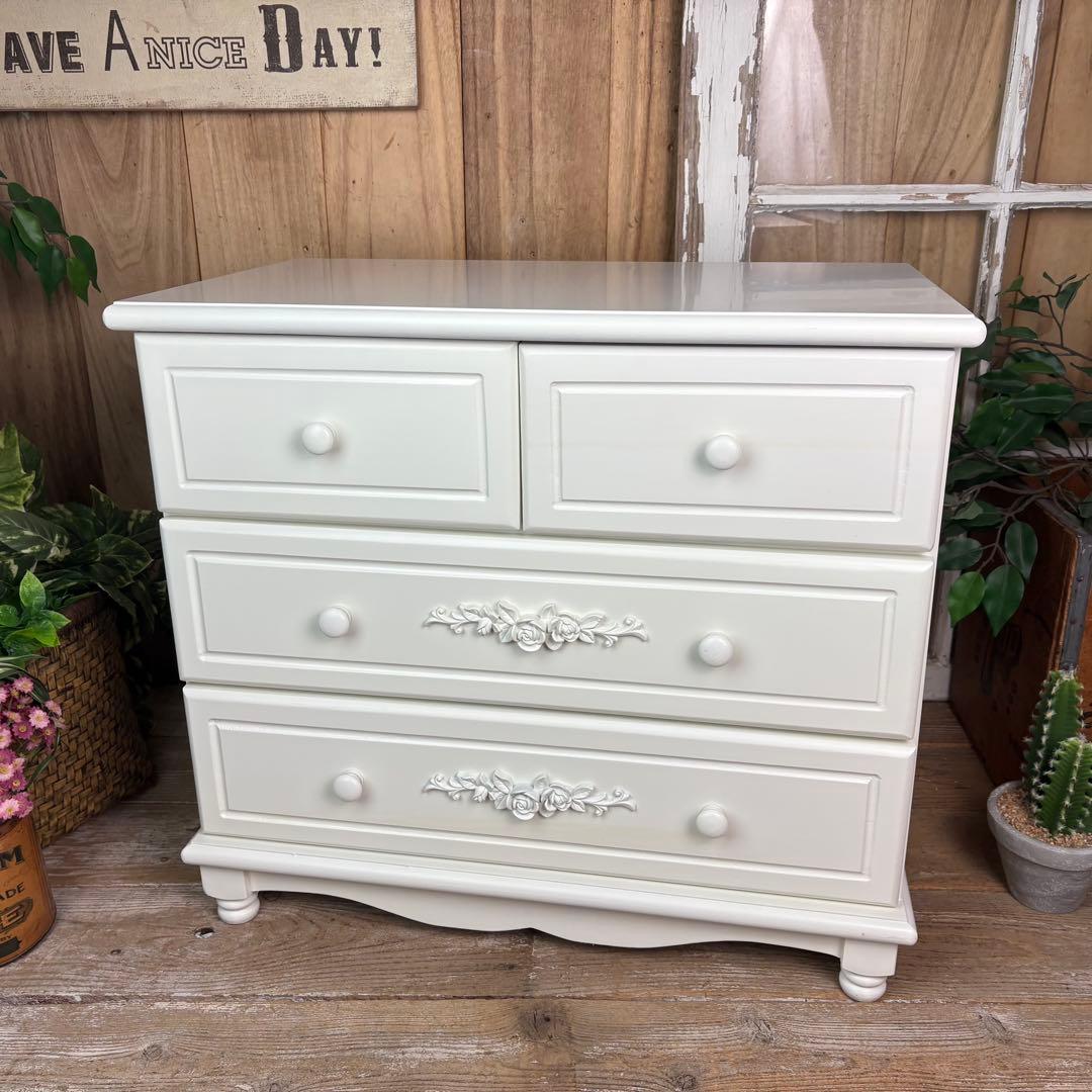 訳あり品！【99】フレンチ調ホワイトチェスト三段四つ引き木製収納家具姫系タンス