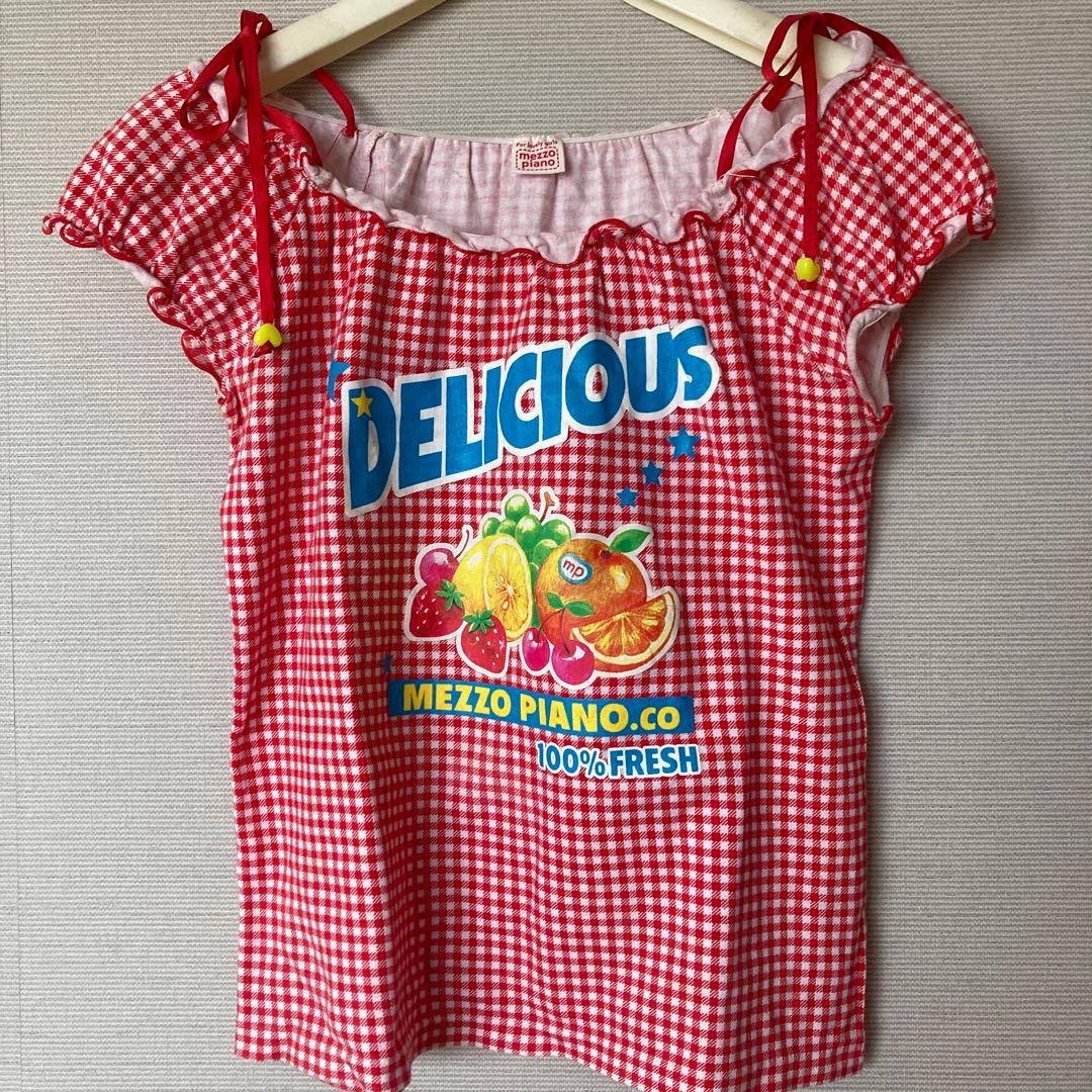 【平成レトロ】メゾピアノTシャツ150 フルーツxギンガムチェック