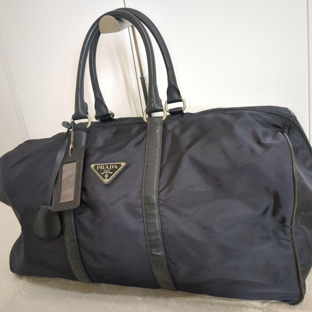 プラダ ボストンバッグ 三角ロゴ 希少色 ネイビー レザーハンドル 大容量