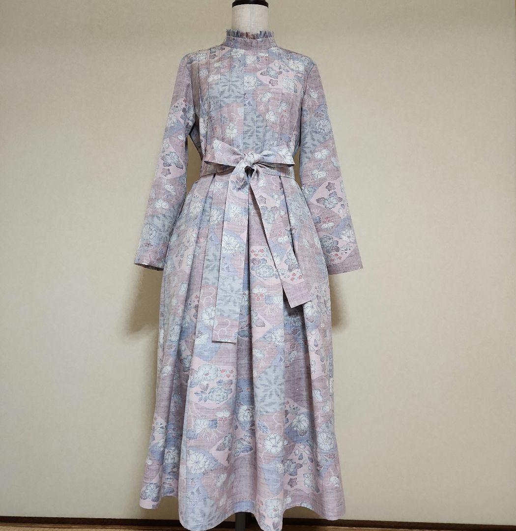 フリルスタンドカラーのワンピースM　ピンタック　紬　　着物リメイク