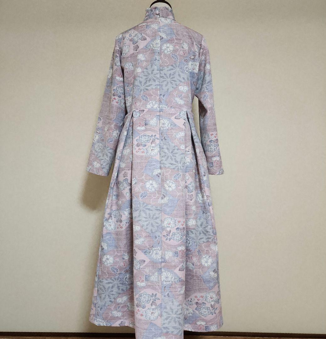 フリルスタンドカラーのワンピースM　ピンタック　紬　　着物リメイク