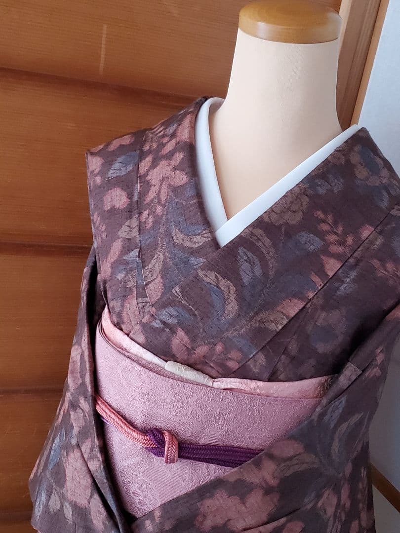 【スモールサイズ＊】辻が花の紬　茶色　ピンク　正絹　特価☆