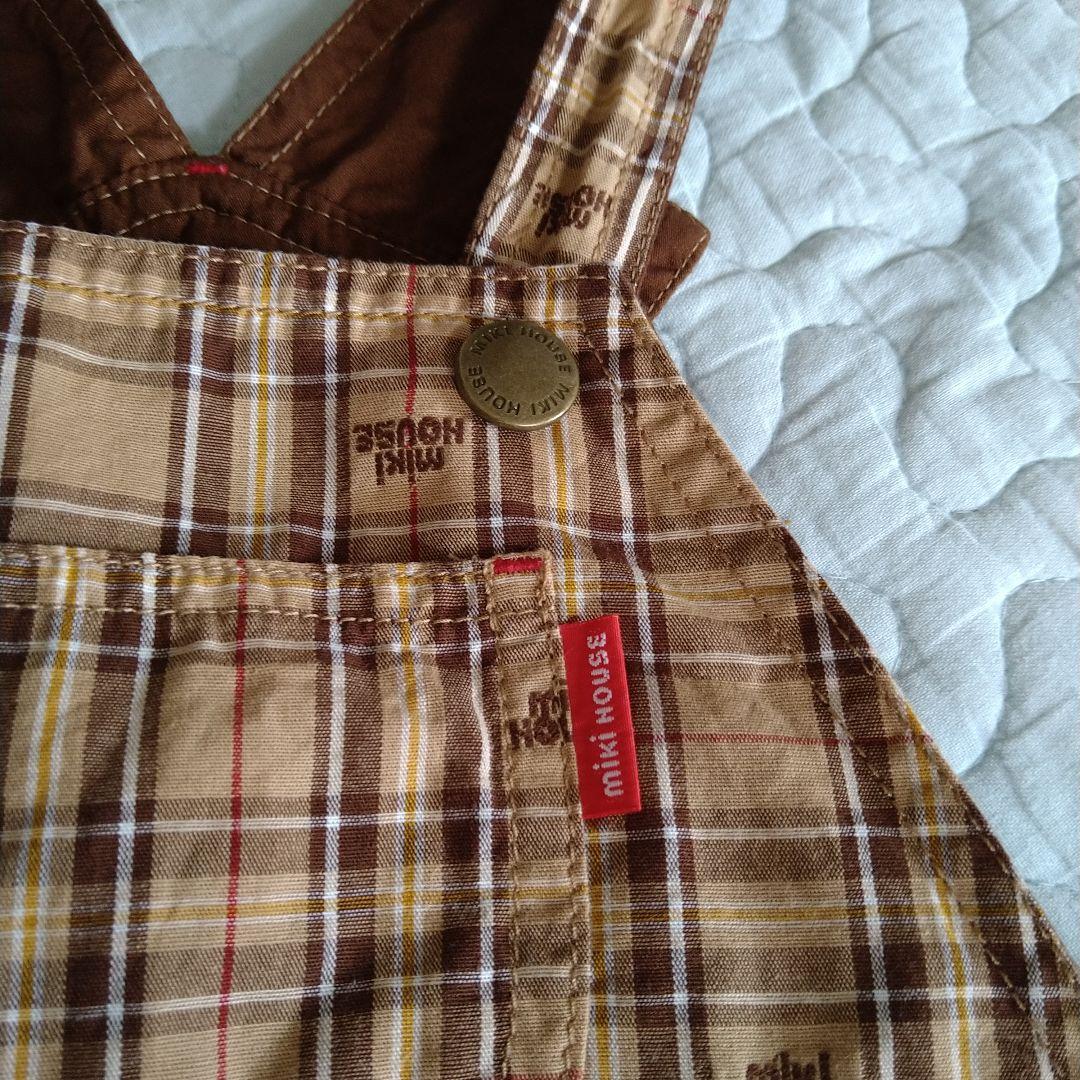 美品　ミキハウス　６分丈　オーバーオール　チェック　日本製　現行品　90 100