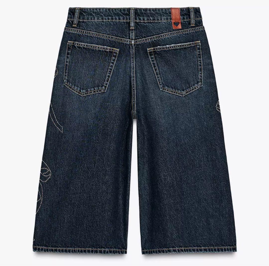 ZARA リボン刺繍付き ミッドライズ バギーフィット デニムバミューダショーツ