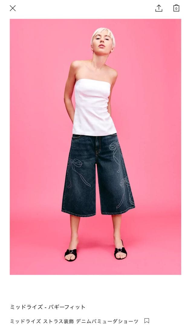 ZARA リボン刺繍付き ミッドライズ バギーフィット デニムバミューダショーツ