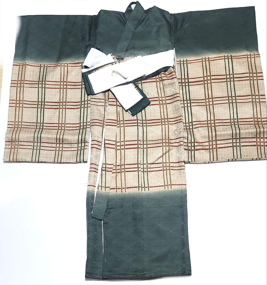 未使用　正絹　お宮参り　七五三　産着　初着　祝着　チェック　男の子　子供用着物