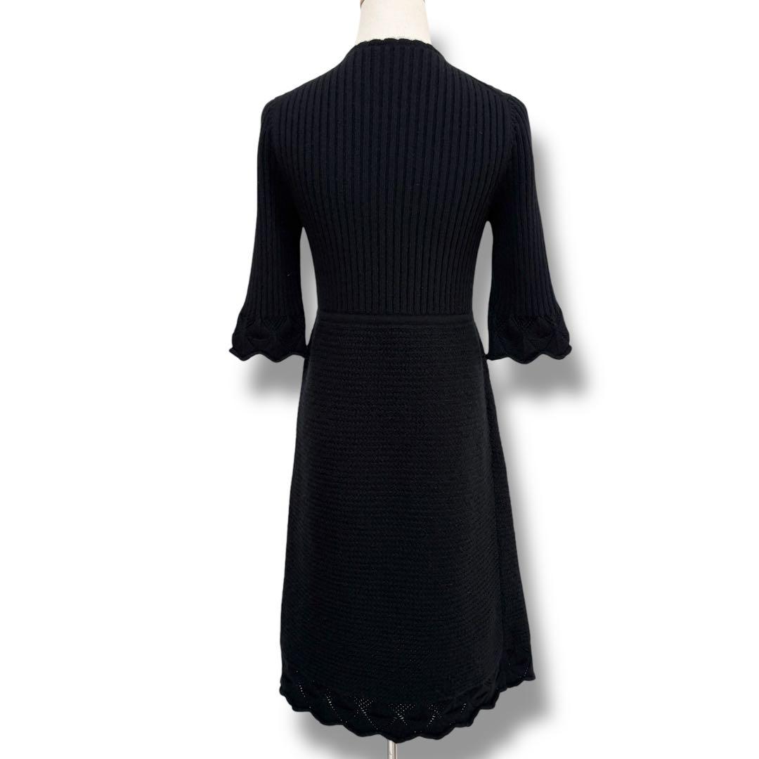 CHANEL シャネル カシミヤ 半袖 膝丈 リブニット ワンピース ブラック黒