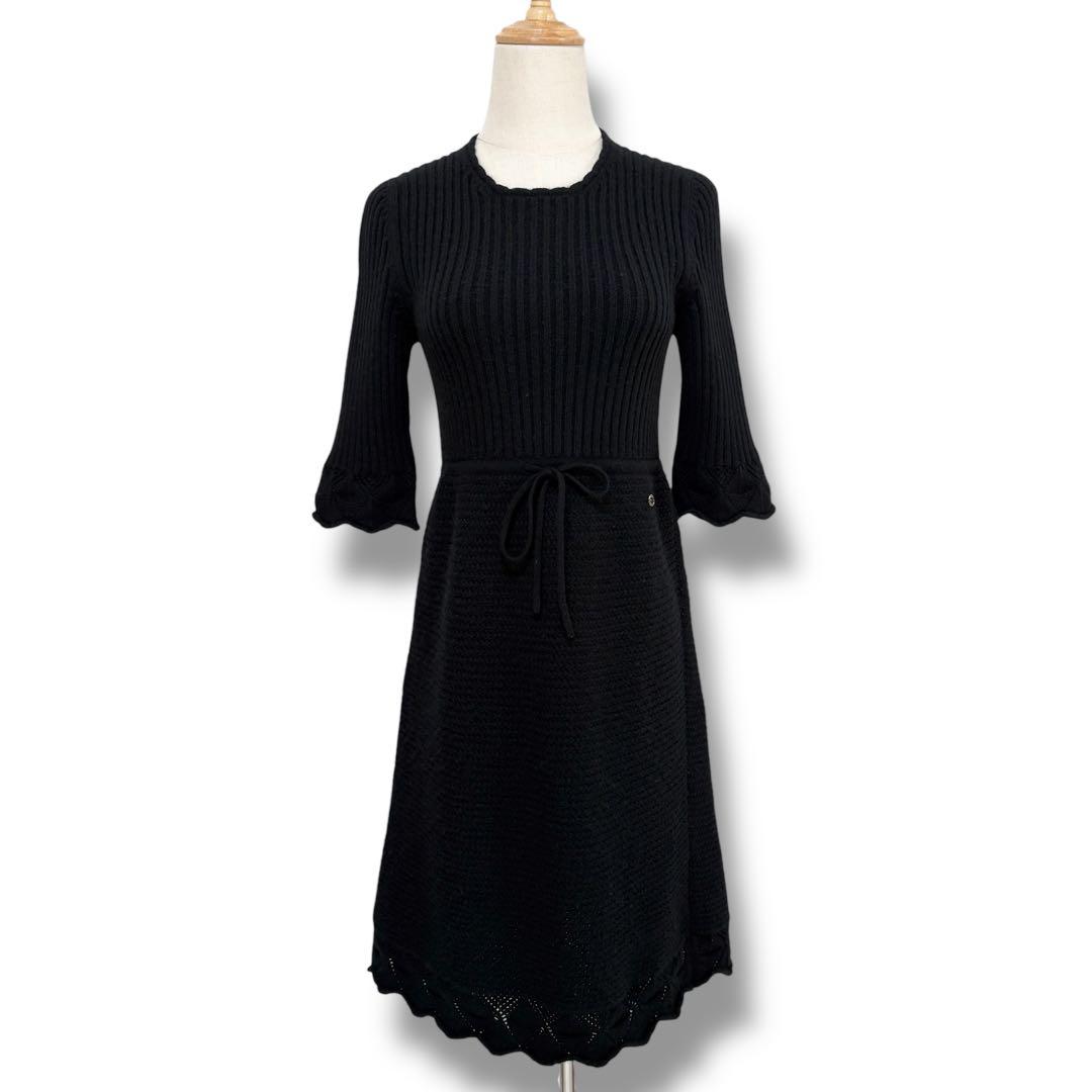 CHANEL シャネル カシミヤ 半袖 膝丈 リブニット ワンピース ブラック黒