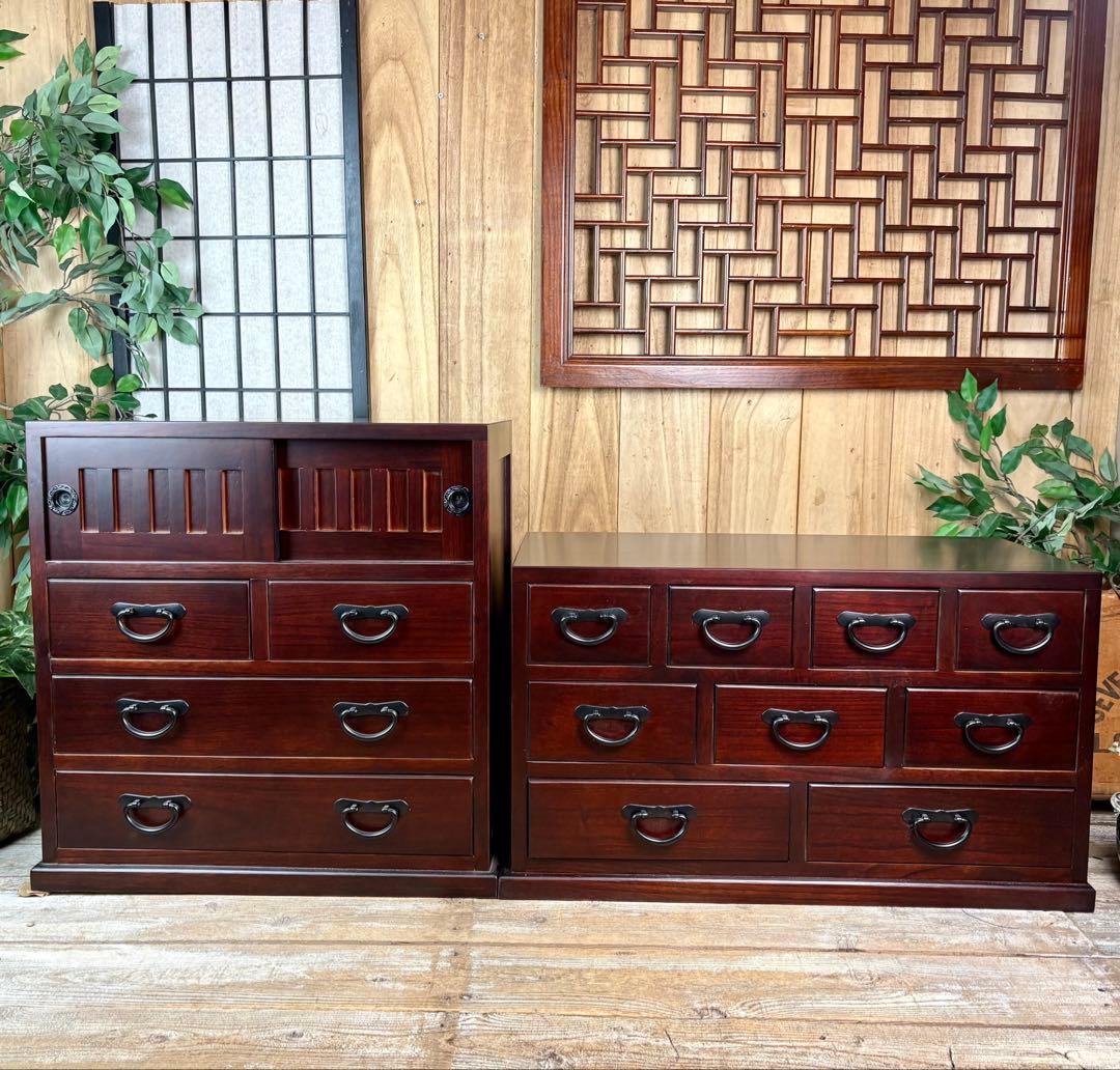 民芸家具桐無垢多引き出しチェスト二点セット木製多収納飾り棚工具棚裁縫棚箪笥タンス