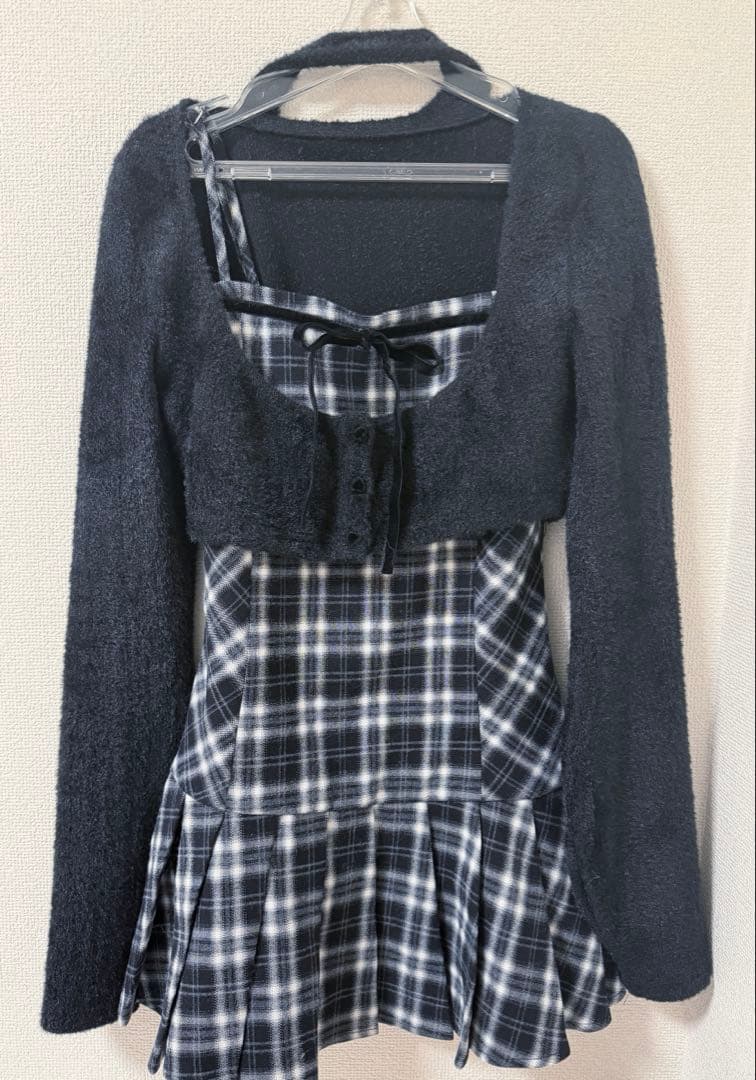 BunnyLis ファーボレロチェックミニワンピ ワンピース 黒 S