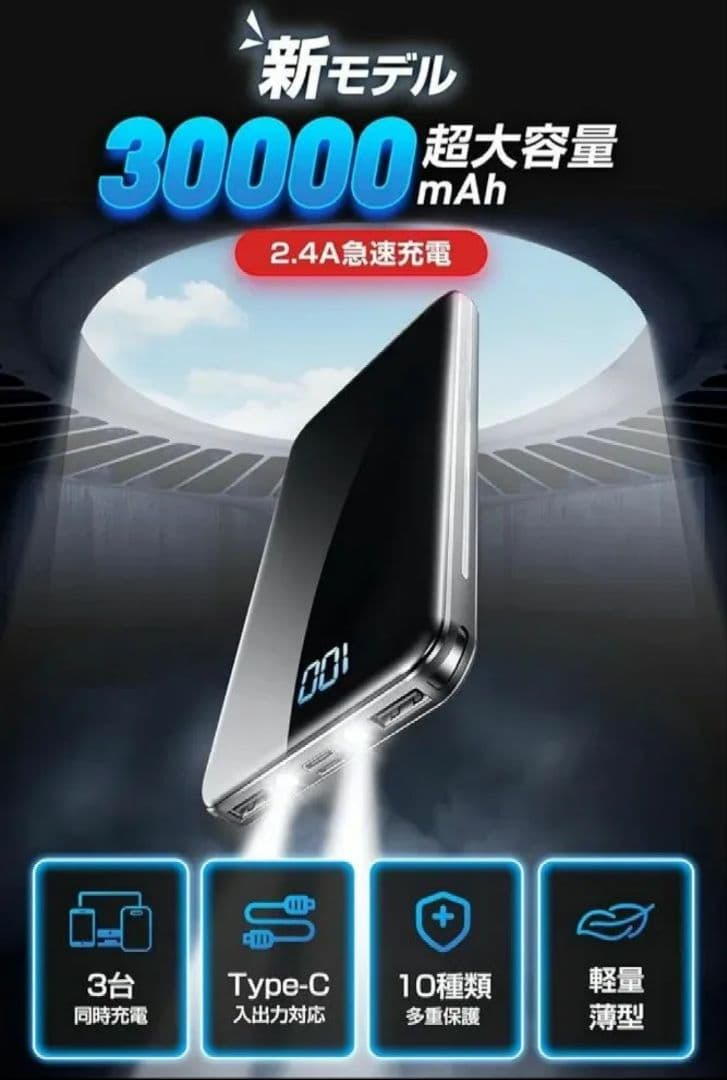 モバイルバッテリー 大容量 軽量 3台同時充電 最大2.4A出力 急速充電