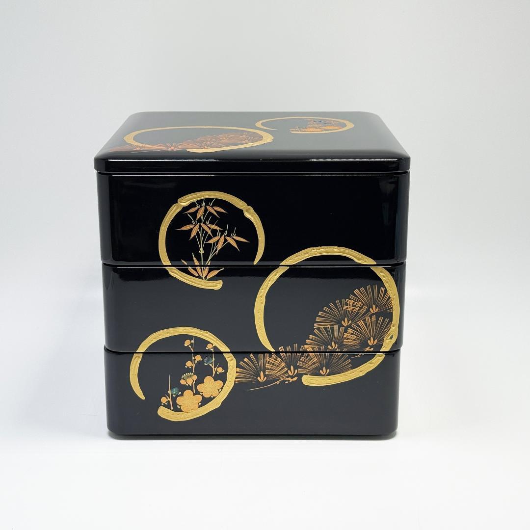 会津塗り 黒本重三段 木製 重箱 6.5