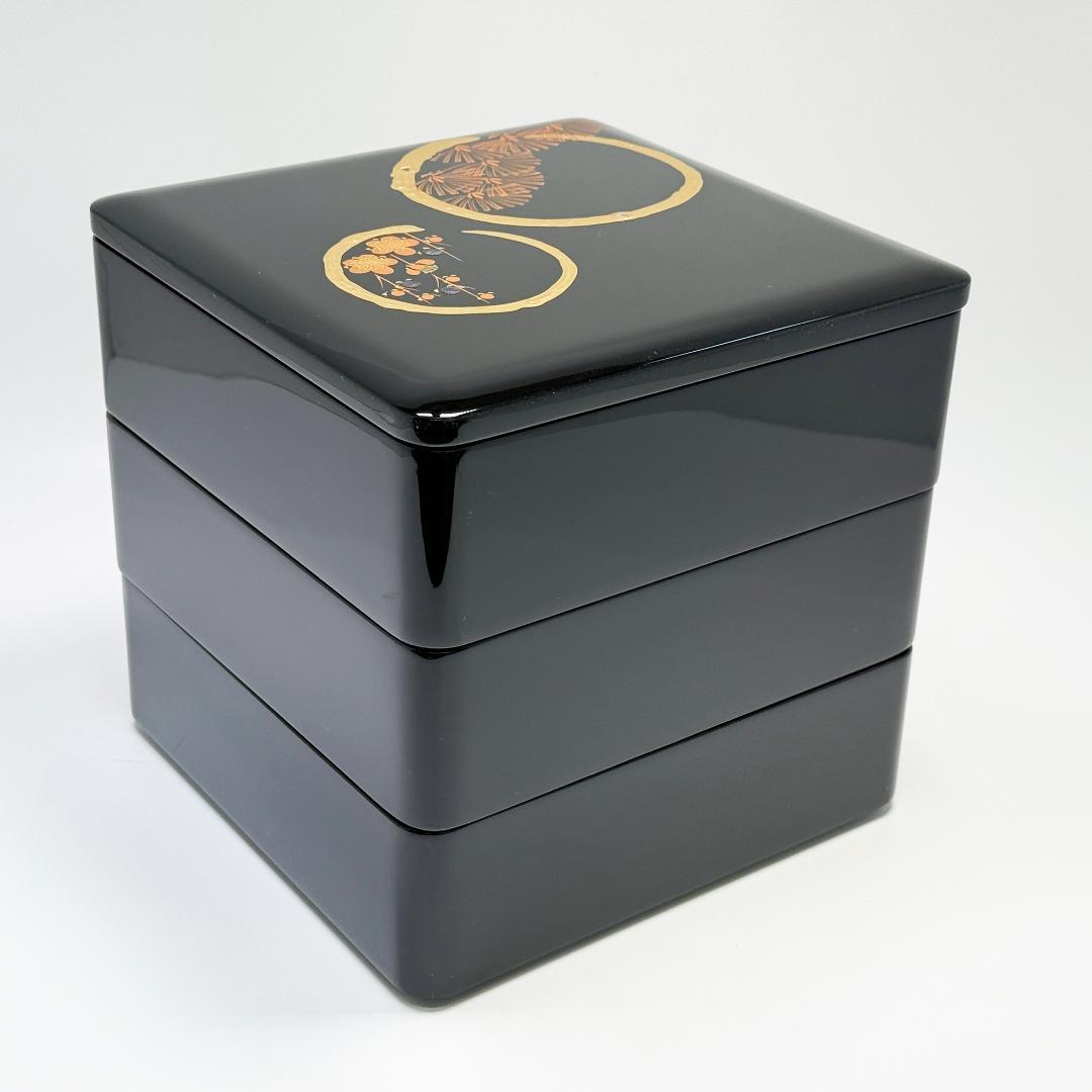 会津塗り 黒本重三段 木製 重箱 6.5