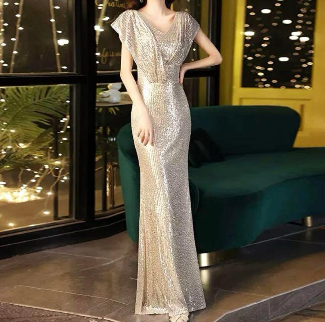 美しいフォルム 体型カバー ロングイブニングドレス♩.•