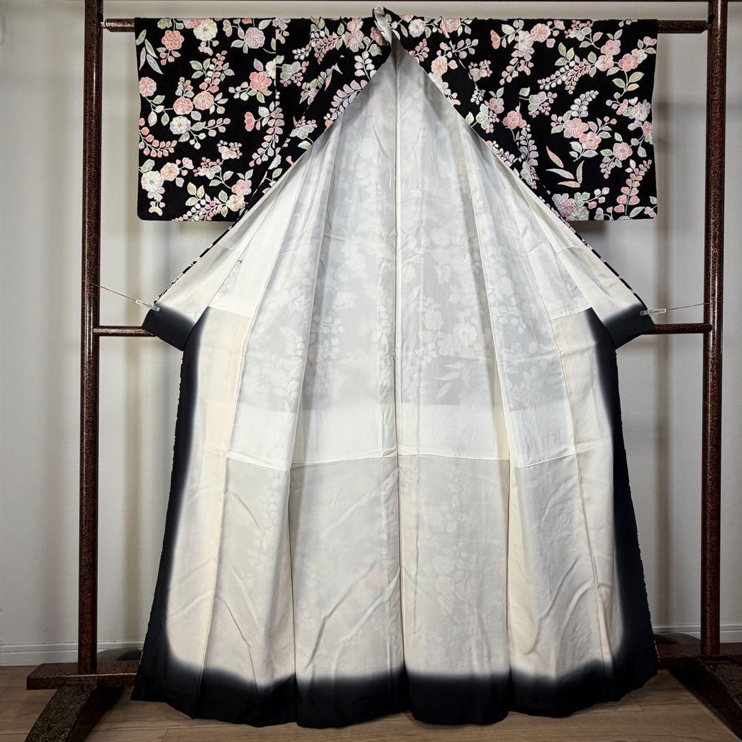 超美品　正絹　小紋　和装　着物　袷　168裄66 三越　辻ヶ花　トール　黒　薄紫