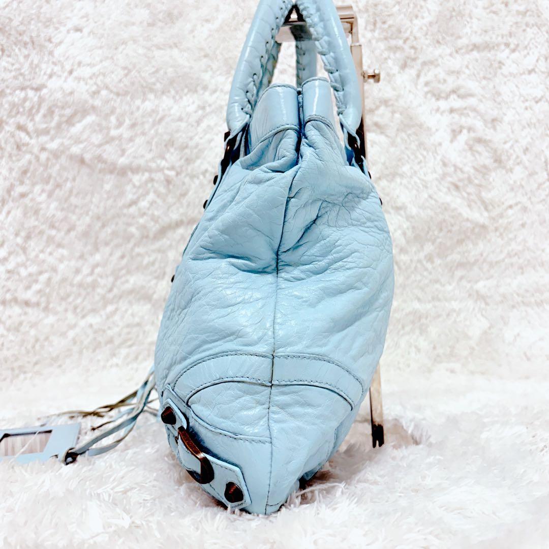 BALENCIAGA クラシックシティ ライトブルー レザー ハンドバッグ 鏡付