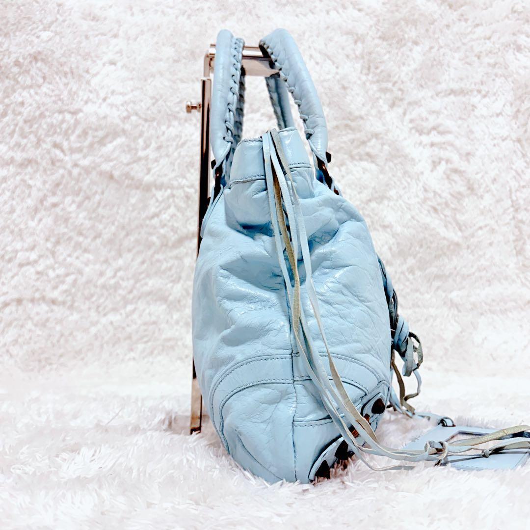 BALENCIAGA クラシックシティ ライトブルー レザー ハンドバッグ 鏡付